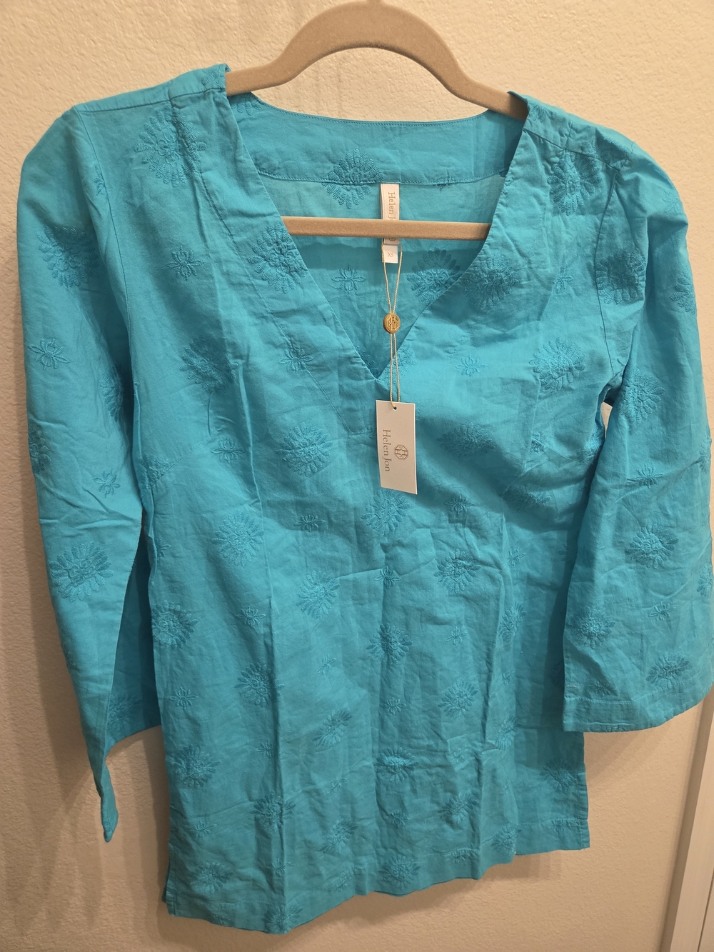 Helen Jon Turquoise V-Neck Embroidered Women's Top